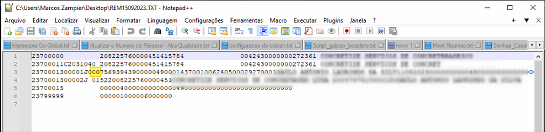 Arquivo REM15092023.TXT aberto no Notepad++ exibindo linhas de remessa com código 00 na posição de instrução