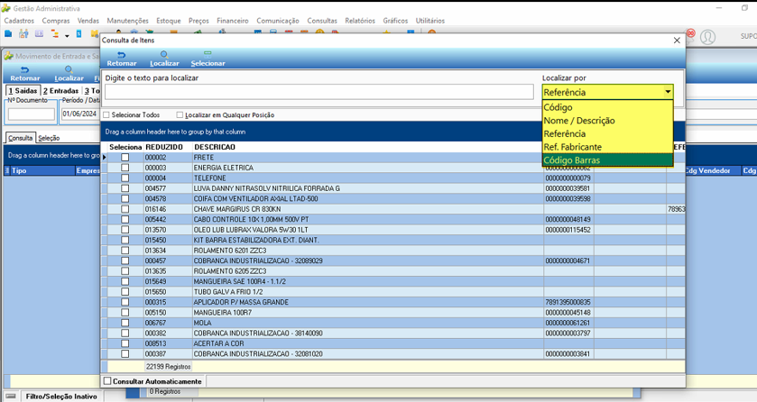 Tela Consulta de Itens com dropdown Localizar por aberto, mostrando as opções Referência, Código, Nome/Descrição, Ref. Fabricante e Código Barras; lista de itens exibida com colunas Selecionado, Reduzido, Descrição e código de referência