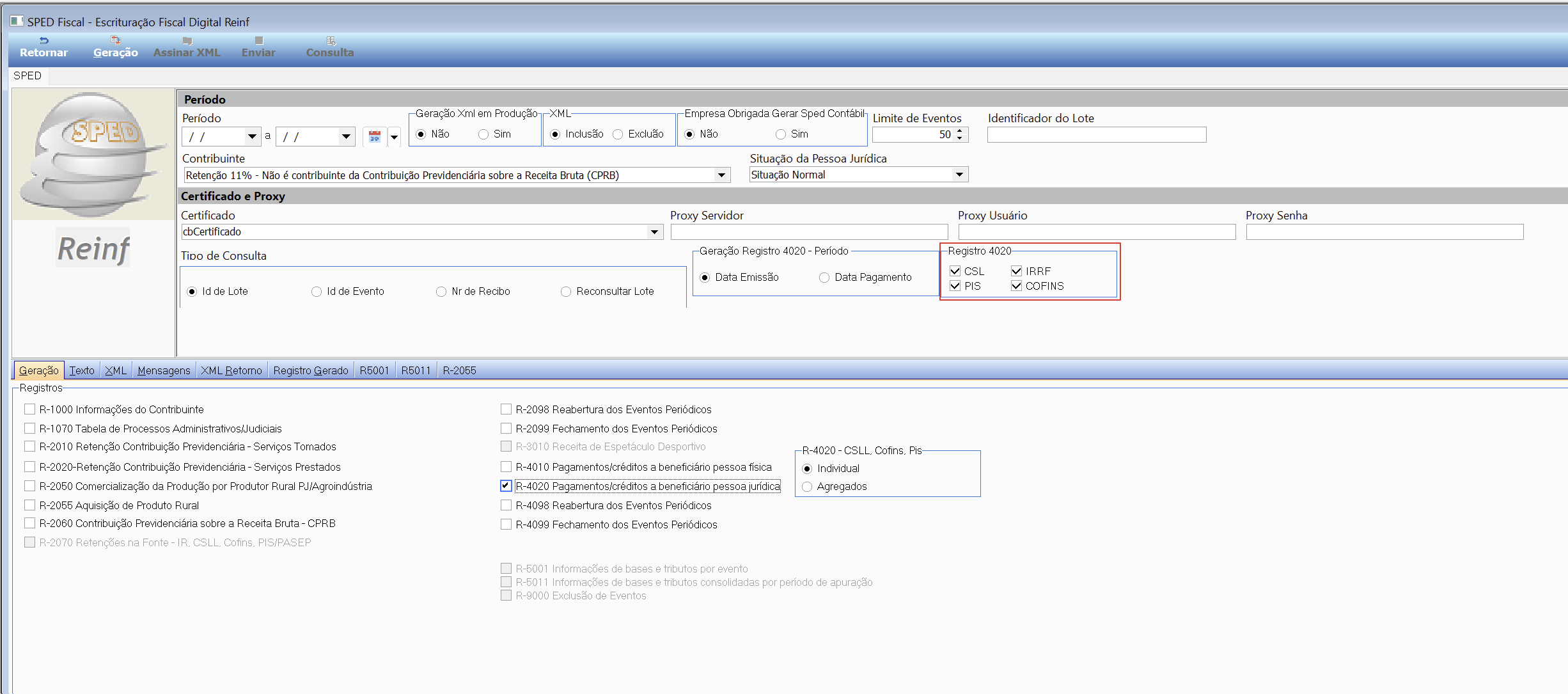 Tela SPED Fiscal - Escrituração Fiscal Digital Reinf, aba Geração, com registro R-4020 Pagamentos/créditos a beneficiário pessoa jurídica marcado; painel Registro 4020 com checkboxes CSL, IRRF, PIS e COFINS selecionados; painel Geração Registro 4020 - Período com opção Data Emissão selecionada