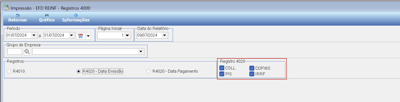 Tela Impressão - EFD REINF - Registros 4000 com campos Período (01/07/2024 a 31/07/2024), Página Inicial, Data do Relatório, Grupo de Empresa, seleção de Registro R4020 - Data Emissão e painel Registro 4020 com checkboxes CSLL, COFINS, PIS e IRRF marcados