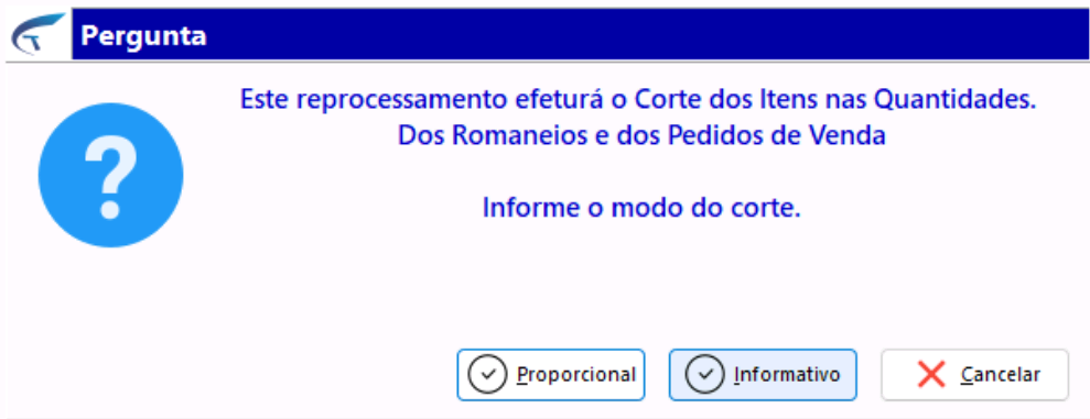 Diálogo "Pergunta" com a mensagem "Este reprocessamento efetuará o Corte dos Itens nas Quantidades. Dos Romaneios e dos Pedidos de Venda. Informe o modo do corte." e botões Proporcional, Informativo e Cancelar