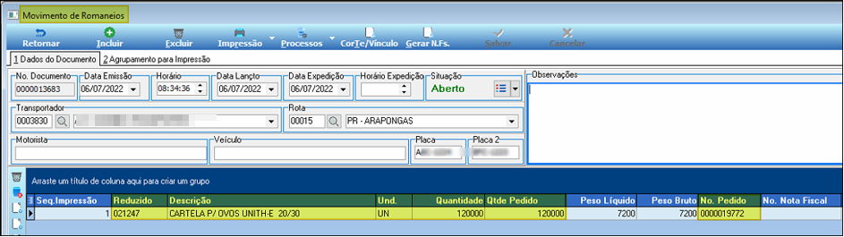 Tela Movimento de Romaneios do documento 0000013683 exibindo item CARTELA P/ OVOS UNITH-E 20/30 com Quantidade 120000 e Qtde Pedido 120000, No. Pedido 0000019772