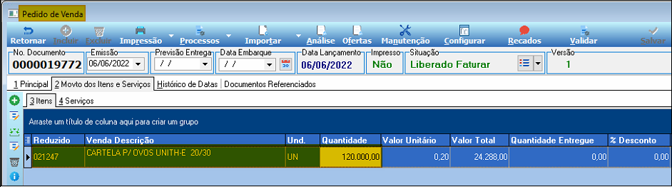 Tela Pedido de Venda 0000019772 com situação "Liberado Faturar", aba "2 Movto dos Itens e Serviços" aberta; item 021247 CARTELA P/ OVOS UNITH-E 20/30 com Quantidade 120.000,00