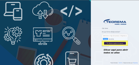 Tela pós-login do Painel Vendor com campo de seleção de tipo de acesso e botão Mostrar opções de suporte
