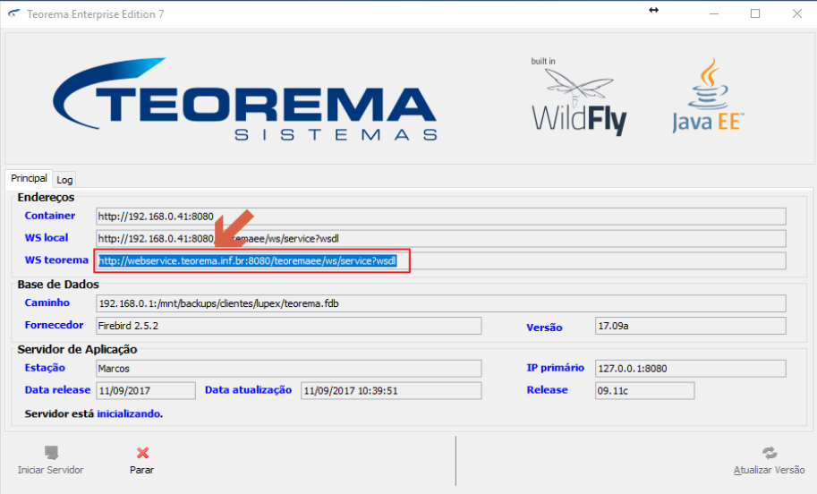 Tela do Servidor Teorema Enterprise Edition 7 com a aba Principal aberta, exibindo os campos Container, WS local e WS teorema preenchidos com endereços HTTP, além dos campos de Base de Dados, Servidor de Aplicação e botões Iniciar Servidor, Parar e Atualizar Versão