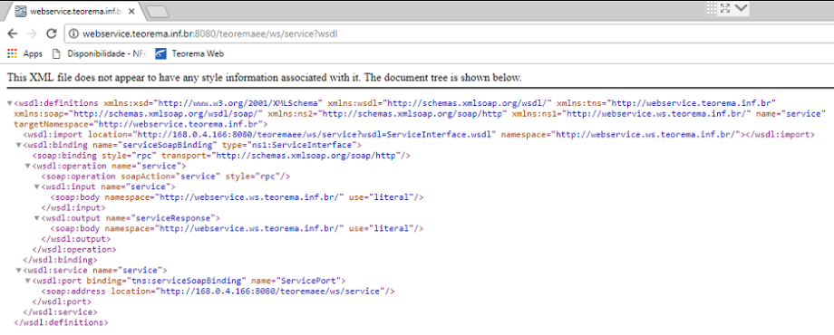 Navegador exibindo o conteúdo XML do WSDL do webservice Teorema no endereço webservice.teorema.inf.br:8080/teoremaee/ws/service?wsdl, com a mensagem "This XML file does not appear to have any style information associated with it"