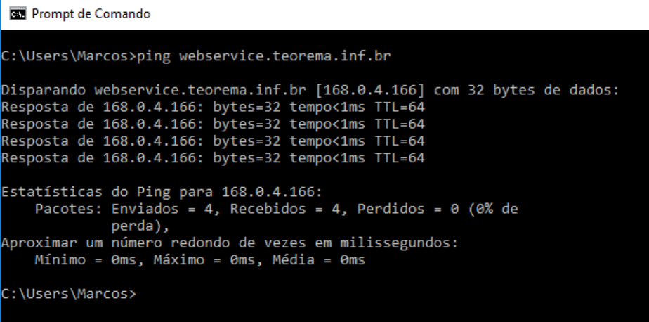 Prompt de Comando exibindo o resultado do ping para webservice.teorema.inf.br, com 4 pacotes enviados, 4 recebidos e 0 perdidos, tempo médio abaixo de 1ms