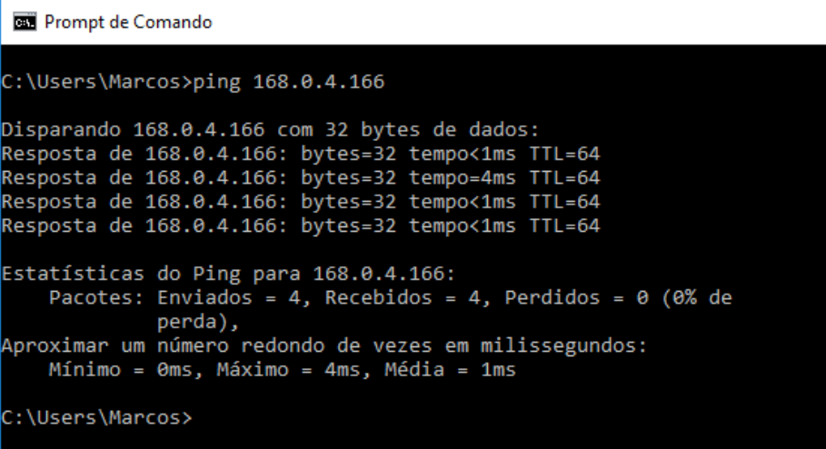 Prompt de Comando exibindo o resultado do ping para 168.0.4.166, com 4 pacotes enviados, 4 recebidos e 0 perdidos, tempo médio de 1ms