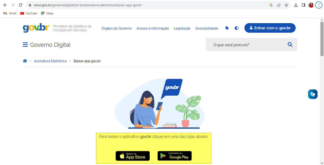 Página gov.br — Governo Digital com breadcrumb "Assinatura Eletrônica > Baixar app gov.br", ilustração e destaque para os botões "Baixar na App Store" e "Disponível no Google Play"