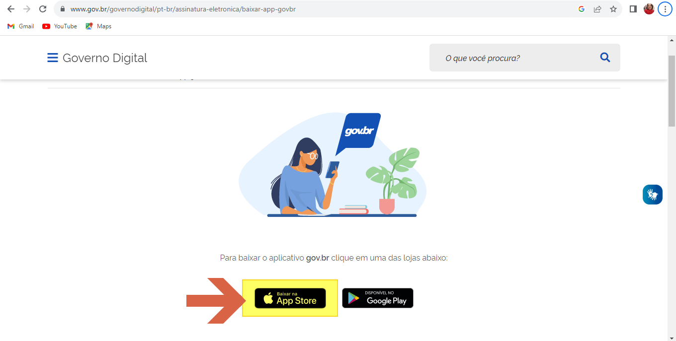 Página gov.br com destaque (seta) apontando para o botão "Baixar na App Store"