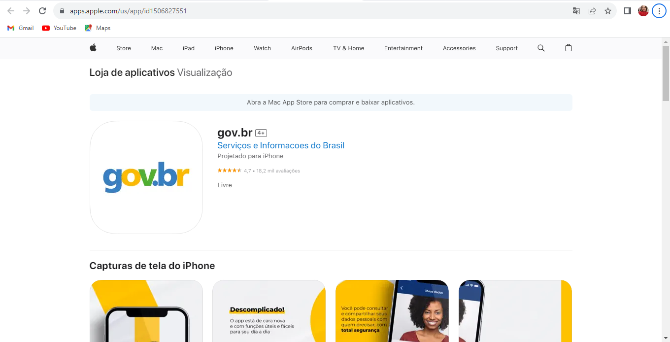 App Store exibindo o aplicativo gov.br — "Serviços e Informações do Brasil", projetado para iPhone, avaliação 4,7 com 18,2 mil avaliações, classificação Livre