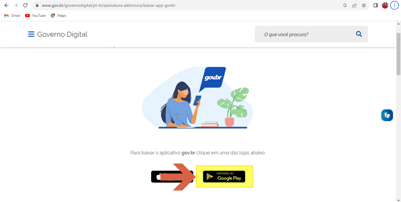 Página gov.br com destaque (seta) apontando para o botão "Disponível no Google Play"