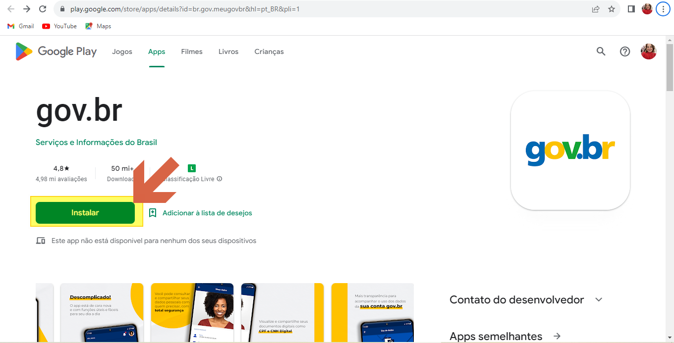 Google Play exibindo o aplicativo gov.br — "Serviços e Informações do Brasil", 4,8 estrelas, 50 mi+ downloads, botão "Instalar" e "Adicionar à lista de desejos"