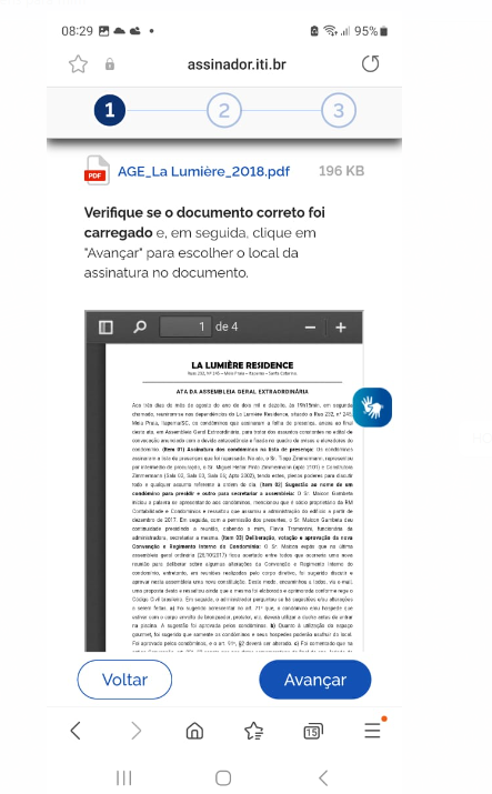 Portal assinador.iti.br — etapa com pré-visualização do documento carregado (AGE_La Lumière_2018.pdf, 196 KB) e botões "Voltar" e "Avançar"