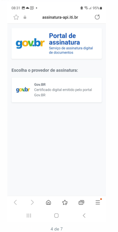 Portal de assinatura (assinatura-api.iti.br) — tela "Escolha o provedor de assinatura" com a opção Gov.BR: "Certificado digital emitido pelo portal Gov.BR"
