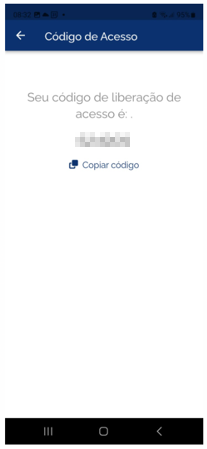 Aplicativo gov.br — tela "Código de Acesso" exibindo o código de liberação gerado (valor ocultado) com botão "Copiar código"