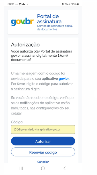 Portal de assinatura — tela "Autorização" com campo "Código enviado via aplicativo gov.br", botões "Autorizar", "Reenviar código" e "Cancelar"