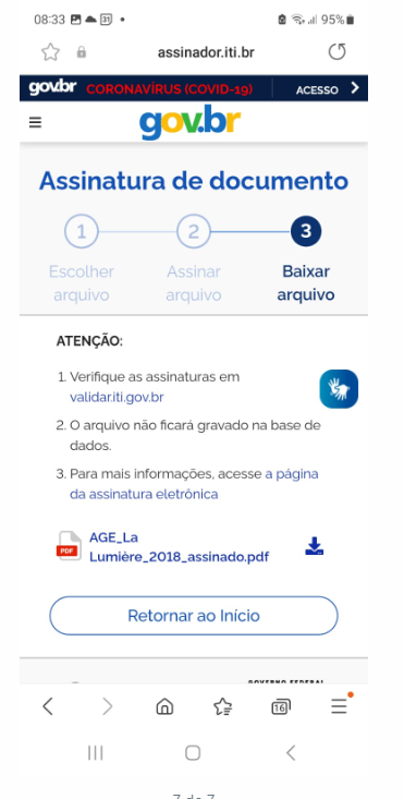 Portal assinador.iti.br — etapa 3 "Baixar arquivo" com aviso de atenção, link para validar em validariti.gov.br, arquivo AGE_La Lumière_2018_assinado.pdf disponível para download e botão "Retornar ao Início"