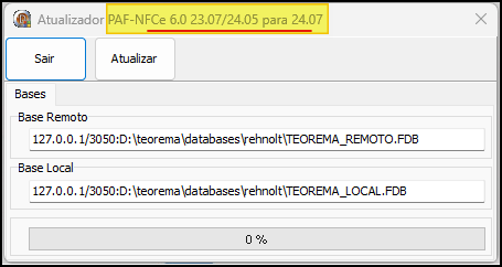 Janela do Atualizador PAF-NFCe 6.0 23.07/24.05 para 24.07 com botões "Sair" e "Atualizar", campos "Base Remoto" e "Base Local" com paths de banco de dados preenchidos e barra de progresso em 0%