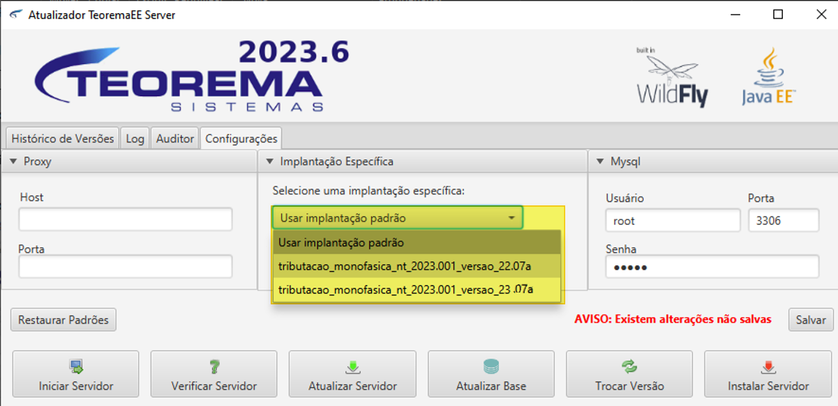 Atualizador TeoremaEE Server — aba Configurações com dropdown Implantação Específica aberto, exibindo as opções: Usar implantação padrão, tributacao_monofasica_nt_2023.001_versao_22.07a e tributacao_monofasica_nt_2023.001_versao_23.07a