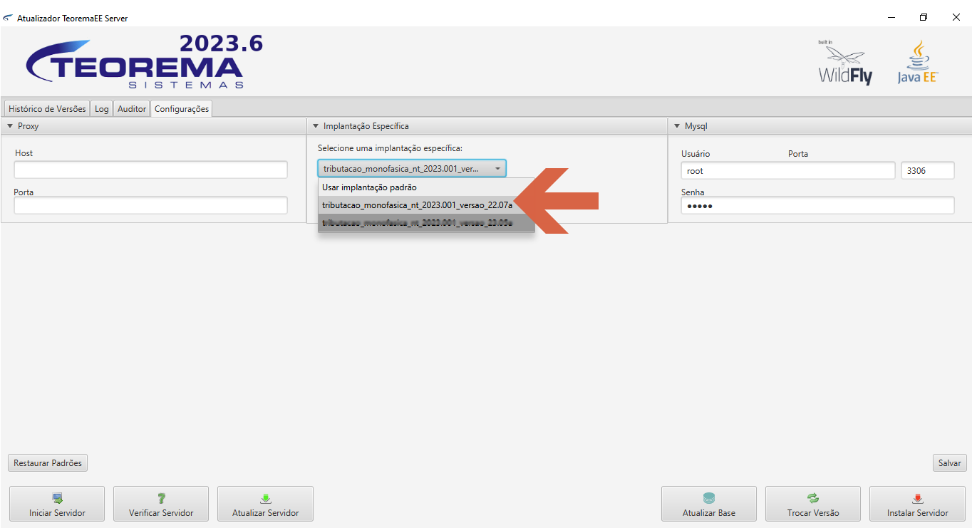 Atualizador TeoremaEE Server — dropdown Implantação Específica com a opção tributacao_monofasica_nt_2023.001_versao_22.07a destacada por seta