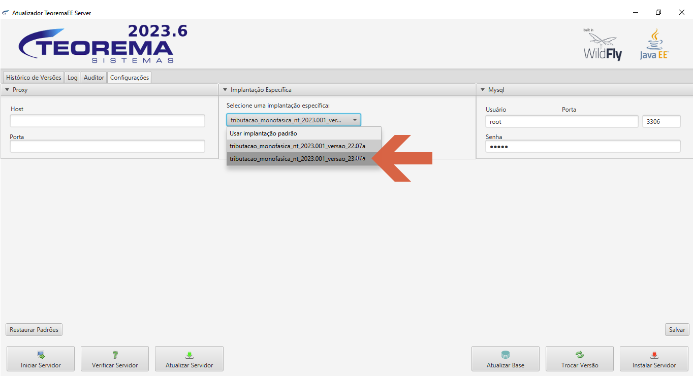 Atualizador TeoremaEE Server — dropdown Implantação Específica com a opção tributacao_monofasica_nt_2023.001_versao_23.07a destacada por seta