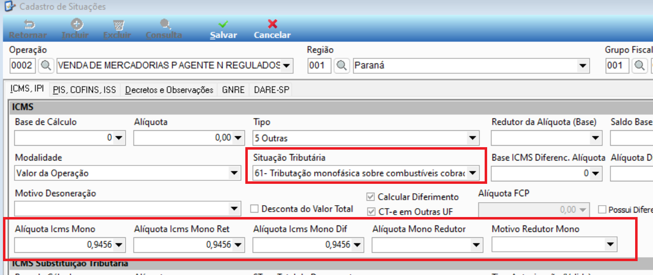 Cadastro de Situações (versão 23.07a) — aba ICMS com o campo Situação Tributária preenchido com "61 - Tributação monofásica sobre combustíveis cobrada anteriormente" e os campos Alíquota Icms Mono, Alíquota Icms Mono Ret, Alíquota Icms Mono Dif, Alíquota Mono Redutor e Motivo Redutor Mono destacados na seção inferior
