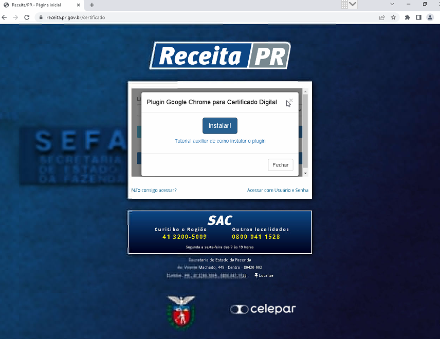 Portal Receita PR com pop-up "Plugin Google Chrome para Certificado Digital" e botão "Instalar!", exibindo também informações do SAC da SEFA-PR