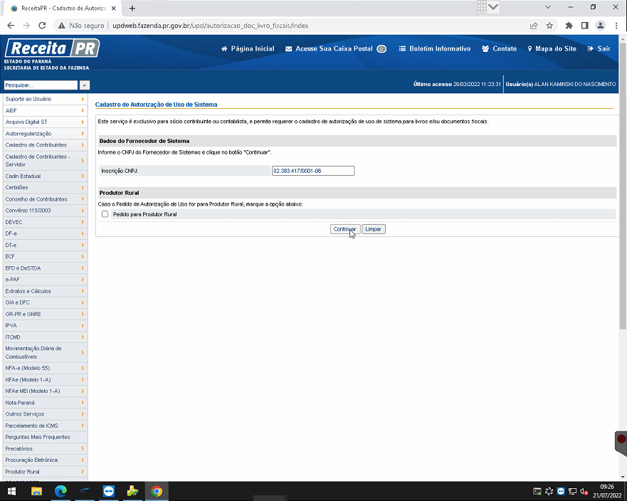 Tela "Cadastro de Autorização de Uso de Sistema" com campo "Inscrição CNPJ" preenchido com o CNPJ da Teorema e checkbox "Produtor Rural" desmarcado