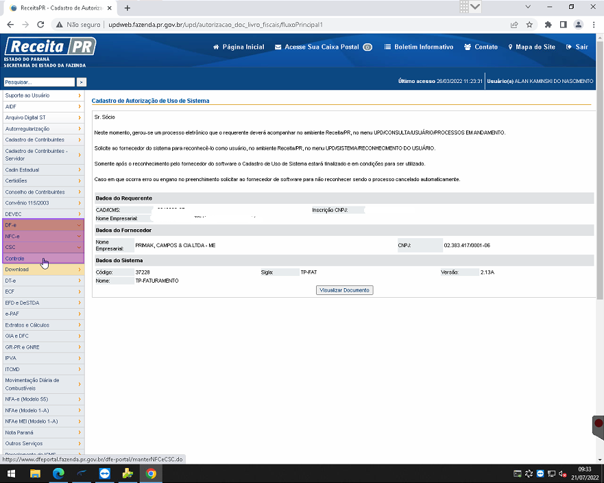 Portal Receita PR com menu lateral expandido, item "DF-e" selecionado e subitem de CSC visível