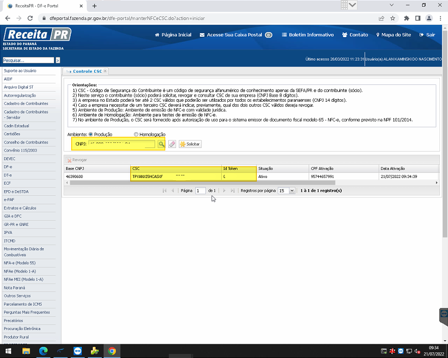 Tela "Controle CSC" com campos de pesquisa por CNPJ, tabela exibindo registros com colunas CSC, Id Token, Situação, CPF Alteração e Data Alteração, e botões de paginação
