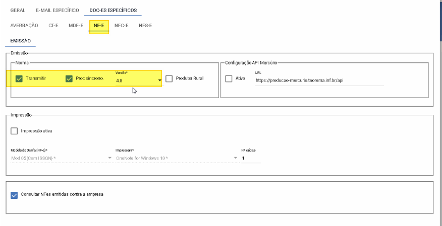 Tela "Configuração da Empresa" no sistema Teorema, aba "DOC-ES ESPECÍFICOS > NF-E", seção "Emissão > Normal" com checkboxes "Transmitir" e "Proc Síncrono" marcados e versão 4.0 selecionada