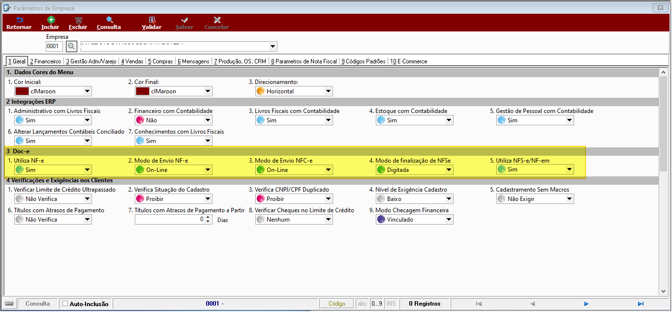 Tela "Parâmetros de Empresa" no sistema Teorema, aba "1 Geral", seção "3 Doc-e" com campos "Utiliza NF-e", "Modo de Envio NF-e" e "Modo de Envio NFC-e" configurados e destacados em amarelo