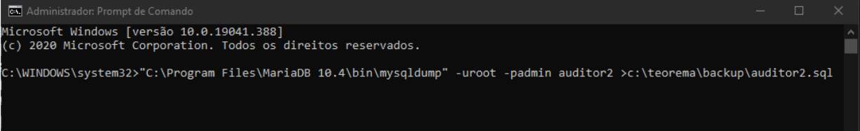 Prompt de Comando executando o mysqldump com o banco auditor2 e gerando o arquivo auditor2.sql em c:\teorema\backup