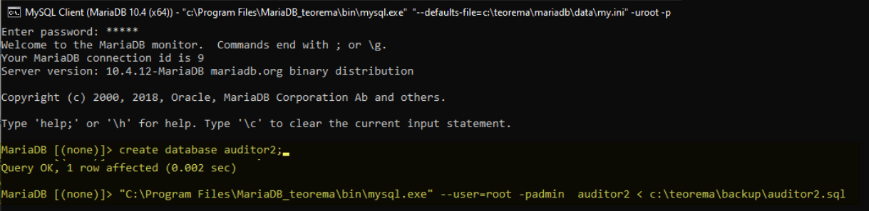 MySQL Client (MariaDB 10.4 x64) mostrando o banco auditor2 criado com "Query OK, 1 row affected" e em seguida o comando de restauração importando o arquivo auditor2.sql