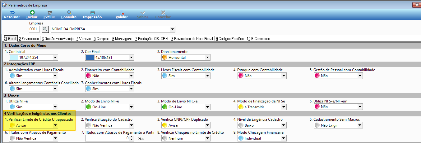 Tela Parâmetros de Empresa, aba 1 Geral, seção 4 Verificações e Exigências nos Clientes destacada em amarelo; campo "1. Verificar Limite de Crédito Ultrapassado" configurado como "Avisar"