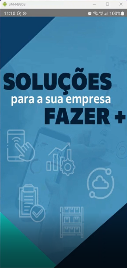 Tela de abertura do aplicativo exibindo a mensagem "SOLUÇÕES para a sua empresa FAZER +"