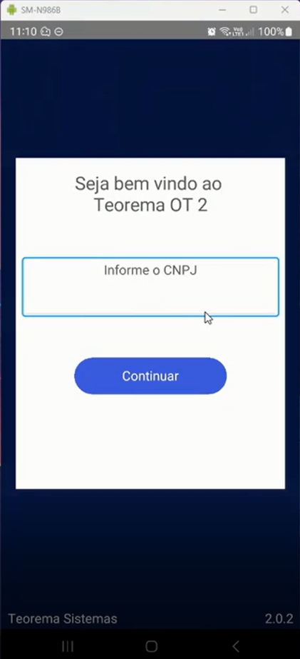 Tela "Seja bem vindo ao Teorema OT 2" com campo "Informe o CNPJ" vazio e botão Continuar