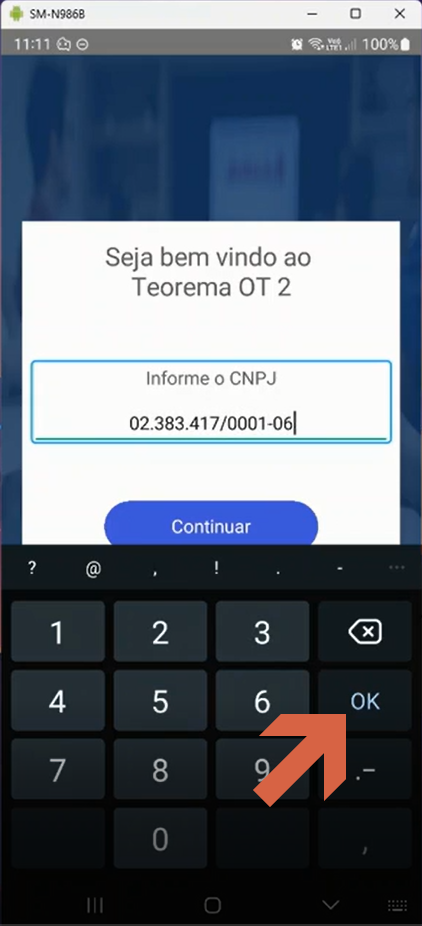 Tela "Seja bem vindo ao Teorema OT 2" com CNPJ digitado no campo e teclado numérico exibido; seta indicando o botão OK do teclado