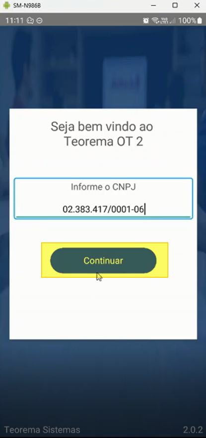 Tela "Seja bem vindo ao Teorema OT 2" com CNPJ preenchido e botão Continuar destacado em amarelo