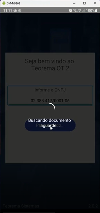 Tela "Seja bem vindo ao Teorema OT 2" com mensagem "Buscando documento, aguarde..." exibida sobre o botão Continuar