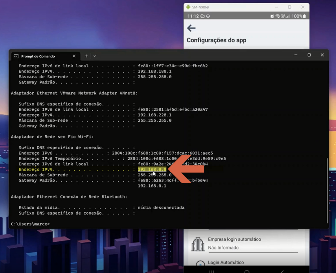Resultado do comando ipconfig no Prompt de Comando exibindo vários adaptadores de rede; seta destacando o campo "Endereço IPv4" do adaptador Ethernet ativo