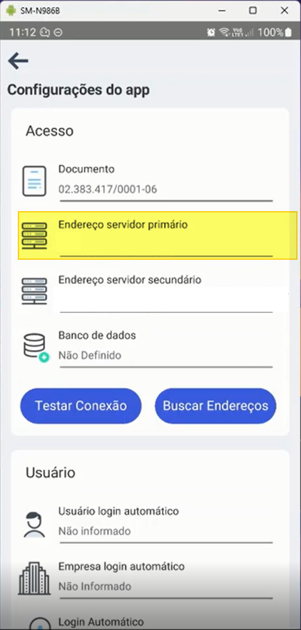 Tela "Configurações do app" com seção Acesso exibindo os campos: Documento (CNPJ preenchido), Endereço servidor primário (destacado em amarelo), Endereço servidor secundário e Banco de dados (Não Definido); botões Testar Conexão e Buscar Endereços