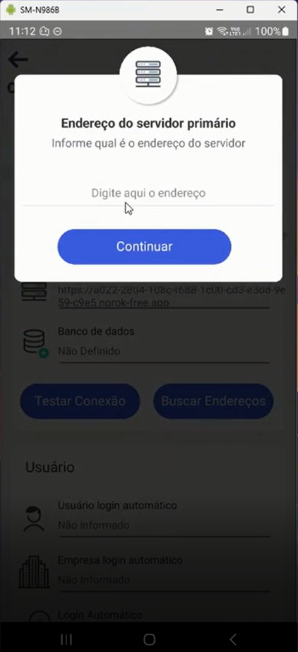 Diálogo "Endereço do servidor primário" com campo de texto vazio e botão Continuar