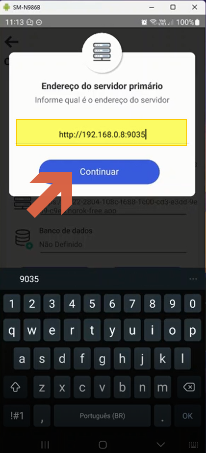Diálogo "Endereço do servidor primário" com o endereço "http://192.168.0.8:9035" digitado e teclado exibido; seta apontando para o botão Continuar