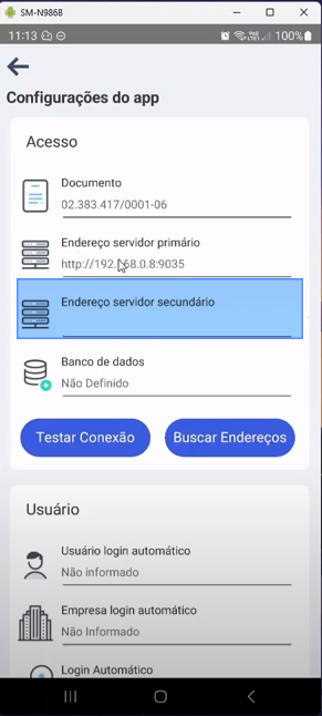Tela "Configurações do app" com campo "Endereço servidor primário" preenchido com "http://192.168.0.8:9035" e campo "Endereço servidor secundário" destacado em azul