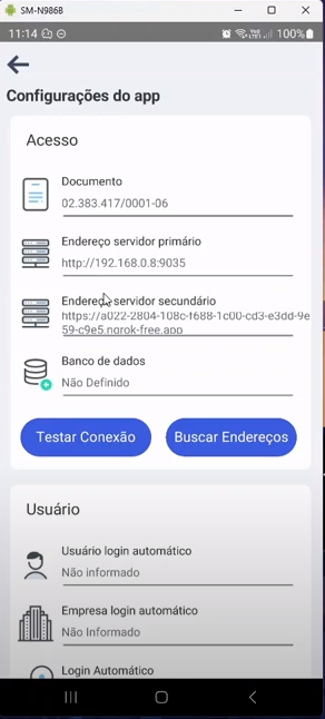 Tela "Configurações do app" com ambos os endereços preenchidos: servidor primário "http://192.168.0.8:9035" e servidor secundário com URL ngrok