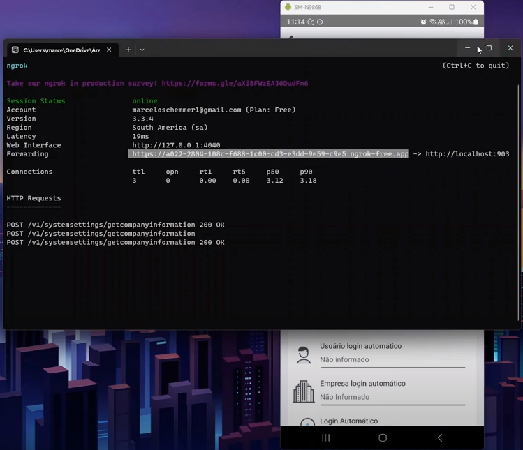 Terminal do ngrok exibindo detalhes da sessão: Account, Version, Region, Web Interface e Forwarding com URL pública mapeada para localhost; abaixo, log de requisições POST com status 200