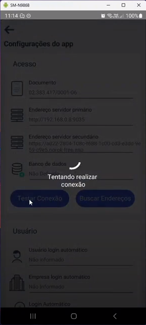 Tela "Configurações do app" com mensagem "Tentando realizar conexão" exibida e botão Testar Conexão em estado desabilitado