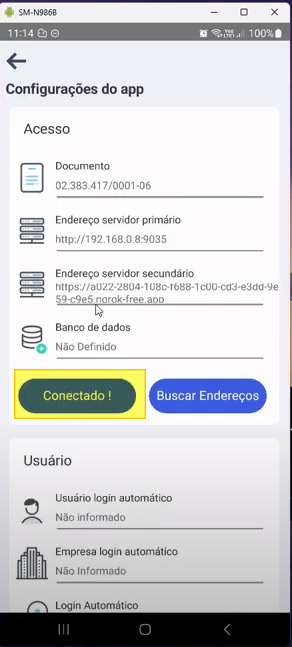 Tela "Configurações do app" com botão "Conectado !" destacado em amarelo, indicando conexão bem-sucedida com o servidor